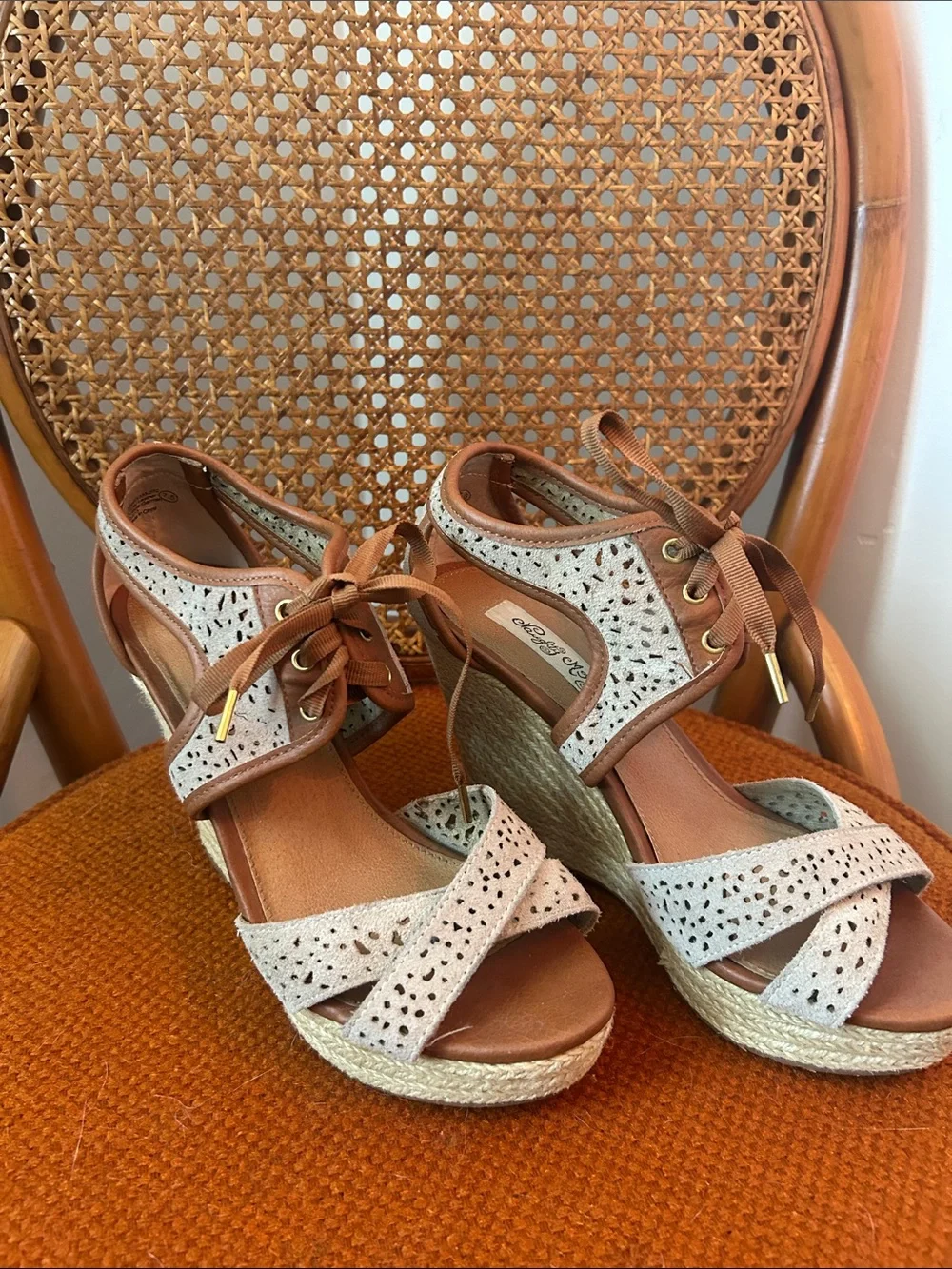 Naughty Monkey Wedge Espadrille  in Light Brown and Cream - Lace-Up Womens Heel